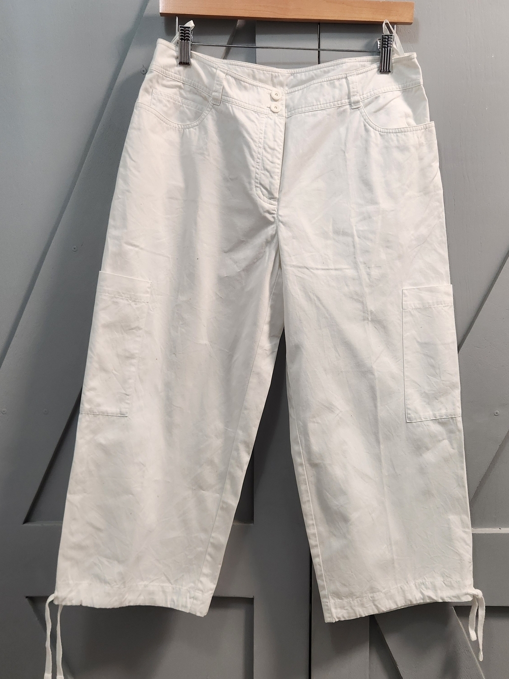 Eileen Fisher Org Cotton Cargo Pants Women L White Cropped Wide Leg Drawstring